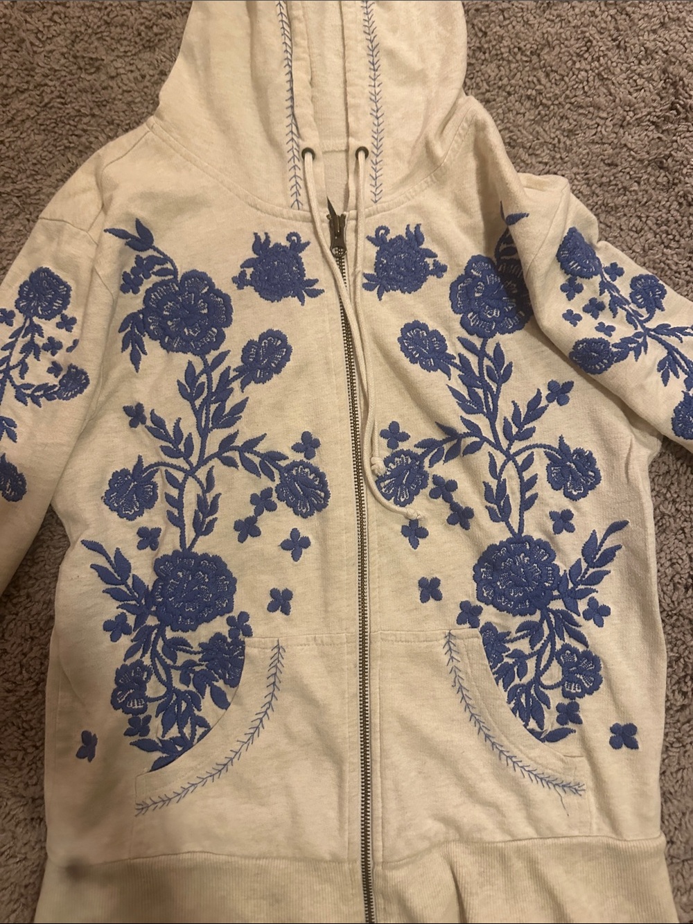 Free People Cream Zip Hoodie with Blue Floral Embroidery - Picture 2 of 5